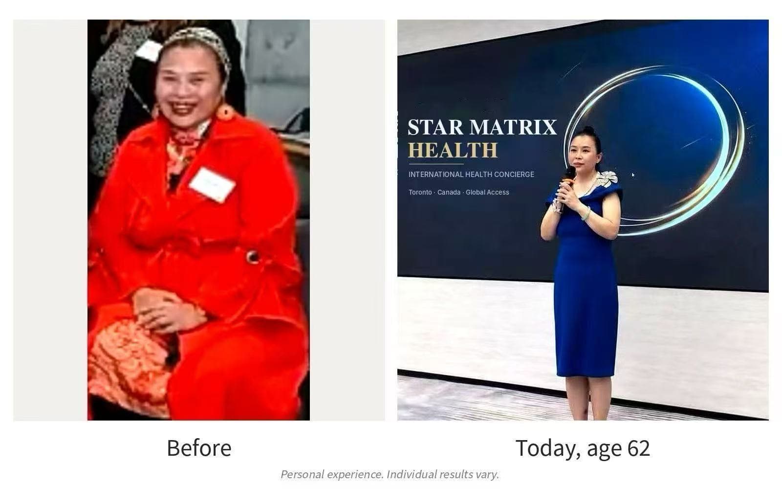 Stella before and today, age 62